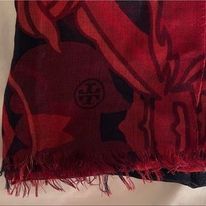 Tory Burch 100% wool scarf - red and black floral - appx 25x65